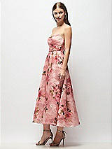 Side View Thumbnail - Guava Floral Print Strapless Organza Jacquard Midi Dress with Draped Cat-Eye Bodice