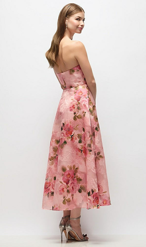 Back View - Guava Floral Print Strapless Organza Jacquard Midi Dress with Draped Cat-Eye Bodice