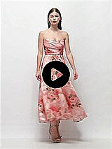 Video 1 Thumbnail - Guava Floral Print Strapless Organza Jacquard Midi Dress with Draped Cat-Eye Bodice