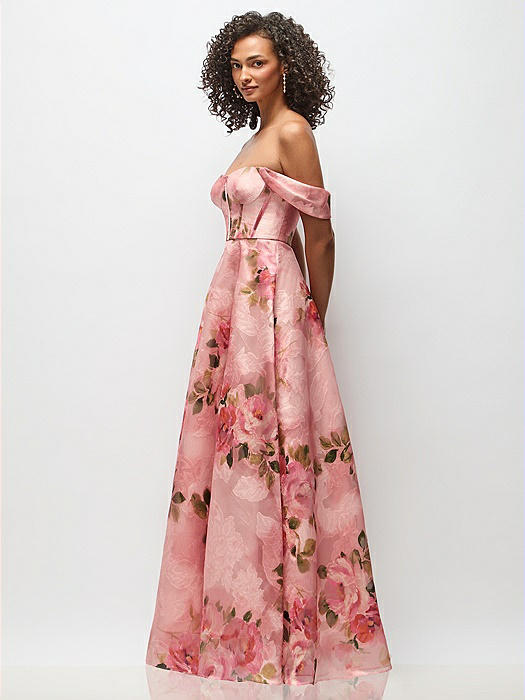 Strapless Organza Jacquard Bustier Maxi Dress with Off-the-Shoulder Swags