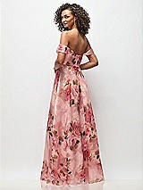 Side View Thumbnail - Guava Floral Print Strapless Organza Jacquard Bustier Maxi Dress with Off-the-Shoulder Swags
