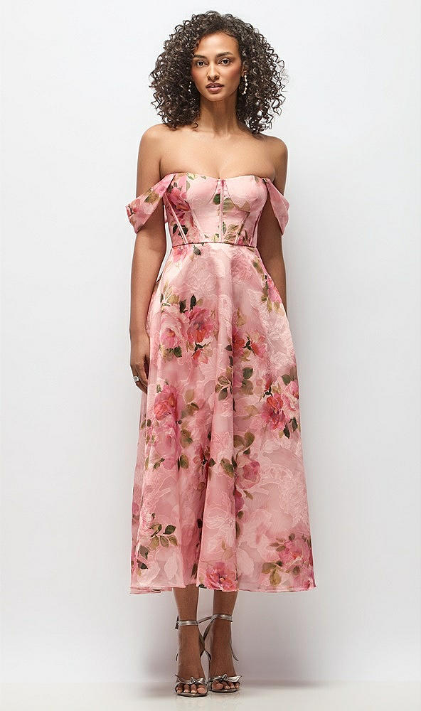 Front View - Guava Floral Print Strapless Organza Jacquard Bustier Midi Dress with Off-the-Shoulder Swags