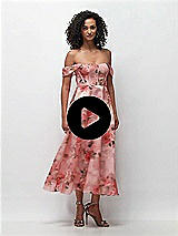 Video 1 Thumbnail - Guava Floral Print Strapless Organza Jacquard Bustier Midi Dress with Off-the-Shoulder Swags