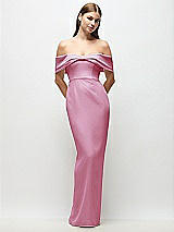 Front View Thumbnail - Powder Pink Off-the-Shoulder Crepe Column Maxi Dress with Bow-Pinch Detail