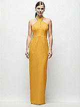 Front View Thumbnail - NYC Yellow Criss-Cross Halter Open-Back Crepe Column Maxi Dress