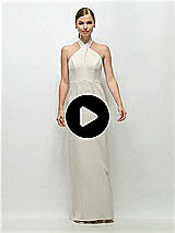 Video 1 Thumbnail - Blush Criss-Cross Halter Open-Back Crepe Column Maxi Dress