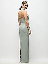 Rear View Thumbnail - Willow Green Criss-Cross Halter Open-Back Crepe Column Maxi Dress