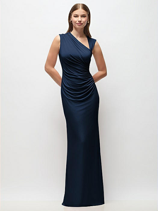 Asymmetrical Cap Sleeve Matte Jersey Column Maxi Dress with Fanned Ruching