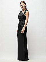 Side View Thumbnail - Black Asymmetrical Cap Sleeve Matte Jersey Column Maxi Dress with Fanned Ruching