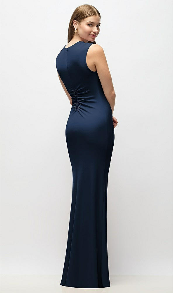 Back View - Midnight Navy Asymmetrical Cap Sleeve Matte Jersey Column Maxi Dress with Fanned Ruching