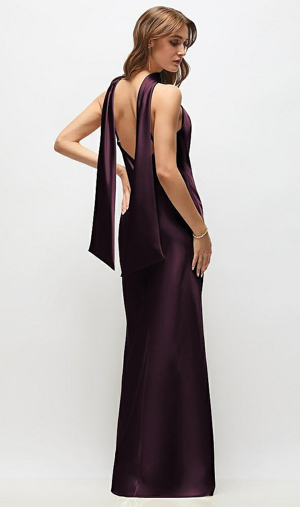 Back View - Deep Plum Draped Scarf Halter Open-Back Stretch Satin Bias Maxi Dress with Adjustable Straps