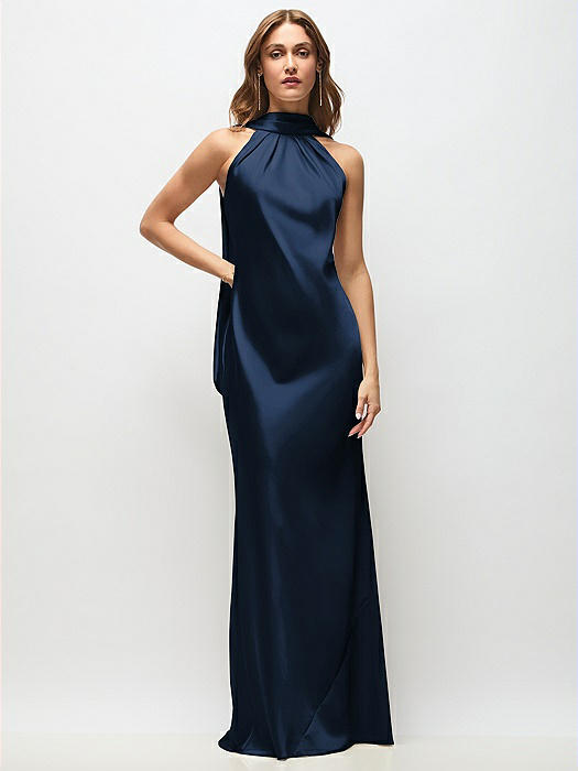 Draped Scarf Halter Open-Back Stretch Satin Bias Maxi Dress with Adjustable Straps