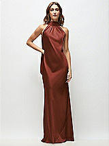 Front View Thumbnail - Auburn Moon Draped Scarf Halter Open-Back Stretch Satin Bias Maxi Dress with Adjustable Straps