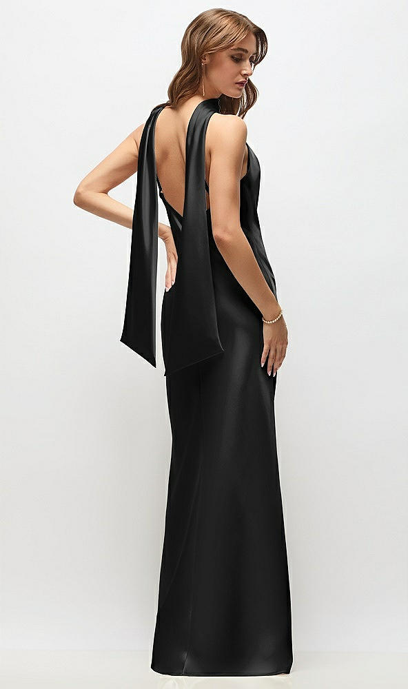 Back View - Black Draped Scarf Halter Open-Back Stretch Satin Bias Maxi Dress with Adjustable Straps