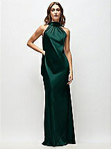 Front View Thumbnail - Evergreen Draped Scarf Halter Open-Back Stretch Satin Bias Maxi Dress with Adjustable Straps
