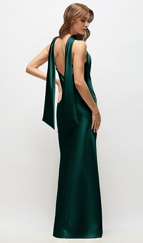 Back View - Evergreen Draped Scarf Halter Open-Back Stretch Satin Bias Maxi Dress with Adjustable Straps