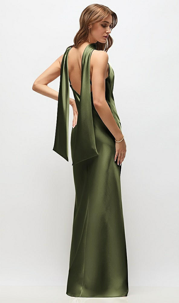 Back View - Olive Green Draped Scarf Halter Open-Back Stretch Satin Bias Maxi Dress with Adjustable Straps