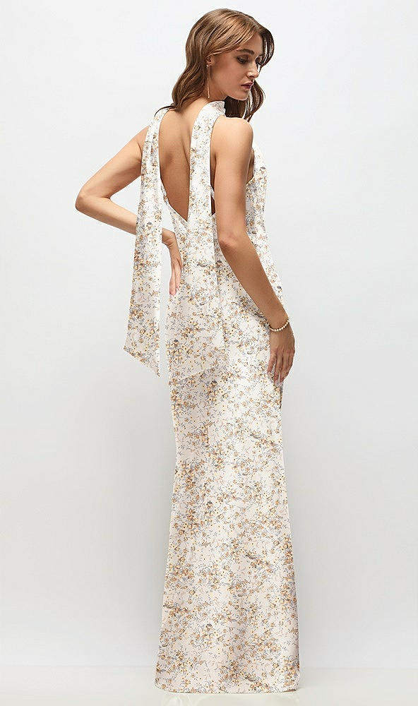 Back View - Golden Hour Draped Scarf Halter Open-Back Floral Stretch Satin Bias Maxi Dress with Adjustable Straps