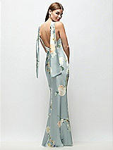 Rear View Thumbnail - Mist Multi Draped Scarf Halter Open-Back Painterly Floral Stretch Satin Bias Maxi Dress with Adjustable Straps
