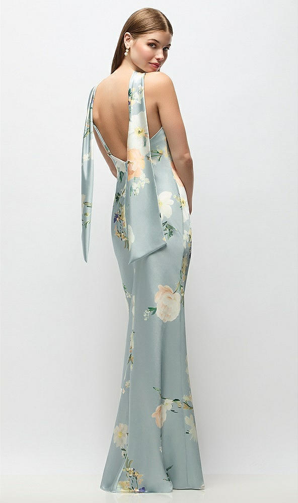 Back View - Mist Multi Draped Scarf Halter Open-Back Painterly Floral Stretch Satin Bias Maxi Dress with Adjustable Straps
