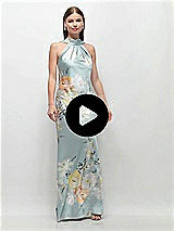 Video 1 Thumbnail - Mist Multi Draped Scarf Halter Open-Back Painterly Floral Stretch Satin Bias Maxi Dress with Adjustable Straps