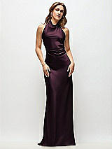 Front View Thumbnail - Deep Plum High Cowl Neck Open-Back Stretch Satin Bias Maxi Dress