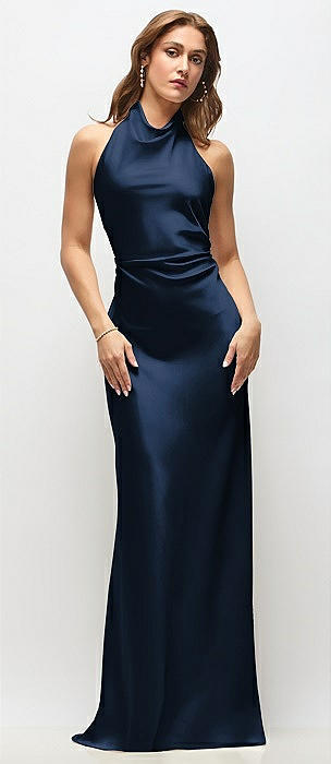 High Cowl Neck Open-Back Stretch Satin Bias Maxi Dress