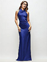 Front View Thumbnail - Cobalt Blue High Cowl Neck Open-Back Stretch Satin Bias Maxi Dress