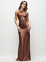 Front View Thumbnail - Cognac High Cowl Neck Open-Back Stretch Satin Bias Maxi Dress
