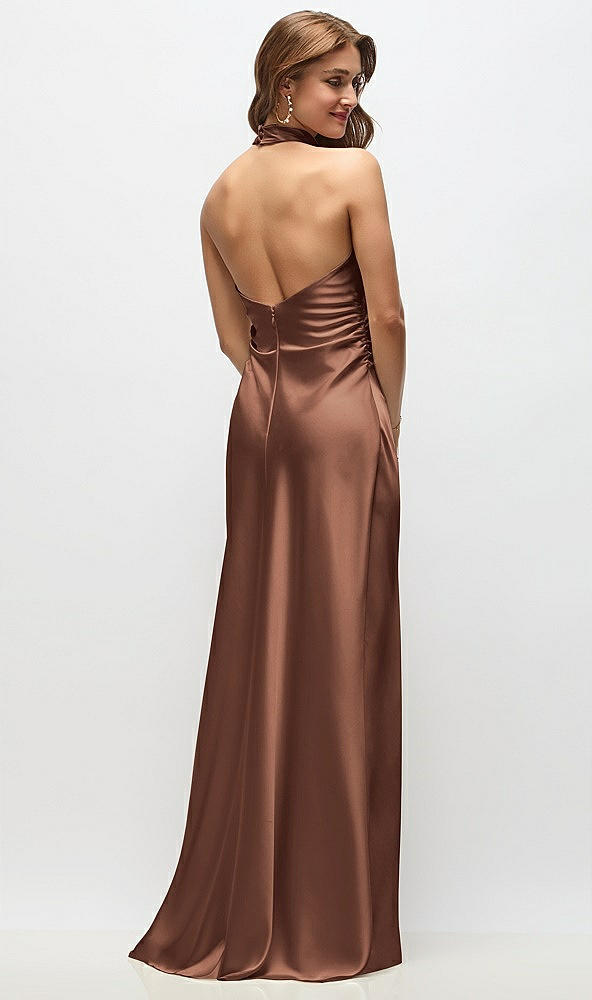 Back View - Cognac High Cowl Neck Open-Back Stretch Satin Bias Maxi Dress