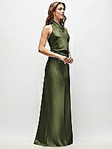 Side View Thumbnail - Olive Green High Cowl Neck Open-Back Stretch Satin Bias Maxi Dress