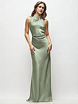 Front View Thumbnail - Sage High Cowl Neck Open-Back Stretch Satin Bias Maxi Dress