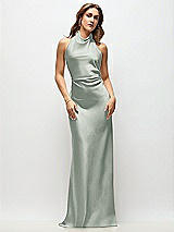 Front View Thumbnail - Willow Green High Cowl Neck Open-Back Stretch Satin Bias Maxi Dress