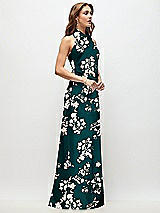 Side View Thumbnail - Vintage Primrose Evergreen High Cowl Neck Open-Back Floral Stretch Satin Bias Maxi Dress