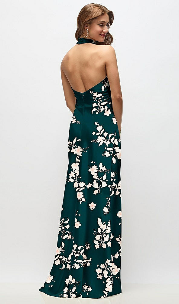 Back View - Vintage Primrose Evergreen High Cowl Neck Open-Back Floral Stretch Satin Bias Maxi Dress