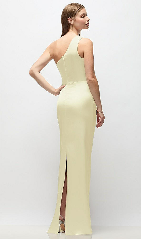 Back View - Butter Yellow One-Shoulder Draped Bodice Stretch Satin Column Maxi Dress