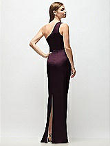 Rear View Thumbnail - Deep Plum One-Shoulder Draped Bodice Stretch Satin Column Maxi Dress