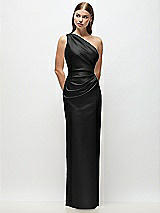 Front View Thumbnail - Black One-Shoulder Draped Bodice Stretch Satin Column Maxi Dress