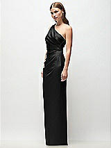 Side View Thumbnail - Black One-Shoulder Draped Bodice Stretch Satin Column Maxi Dress