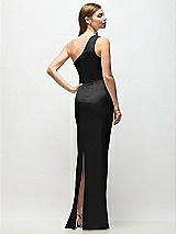 Rear View Thumbnail - Black One-Shoulder Draped Bodice Stretch Satin Column Maxi Dress