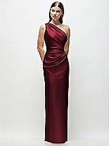 Front View Thumbnail - Cabernet One-Shoulder Draped Bodice Stretch Satin Column Maxi Dress