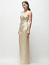 Side View Thumbnail - Champagne One-Shoulder Draped Bodice Stretch Satin Column Maxi Dress