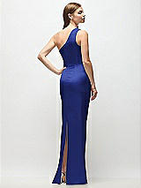 Rear View Thumbnail - Cobalt Blue One-Shoulder Draped Bodice Stretch Satin Column Maxi Dress