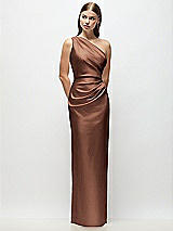 Front View Thumbnail - Cognac One-Shoulder Draped Bodice Stretch Satin Column Maxi Dress