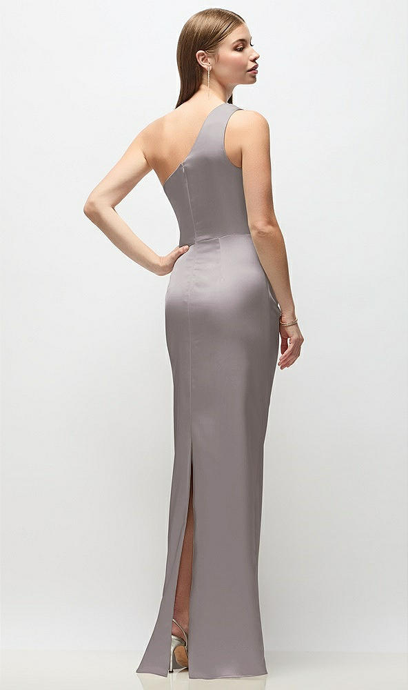 Back View - Cashmere Gray One-Shoulder Draped Bodice Stretch Satin Column Maxi Dress
