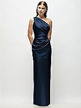 Front View Thumbnail - Midnight Navy One-Shoulder Draped Bodice Stretch Satin Column Maxi Dress