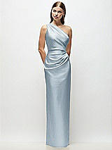 Front View Thumbnail - Mist One-Shoulder Draped Bodice Stretch Satin Column Maxi Dress