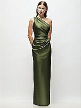 Front View Thumbnail - Olive Green One-Shoulder Draped Bodice Stretch Satin Column Maxi Dress