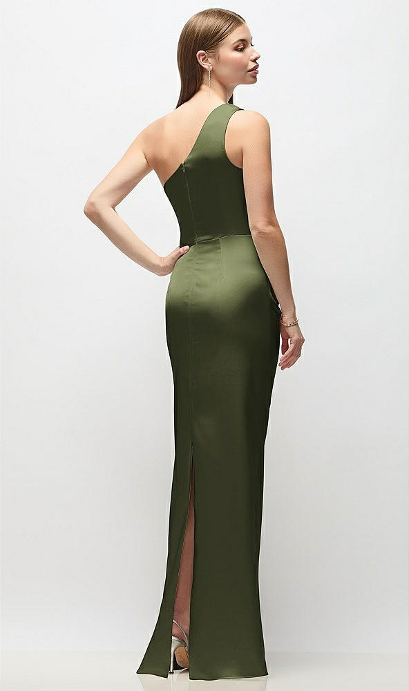 Back View - Olive Green One-Shoulder Draped Bodice Stretch Satin Column Maxi Dress