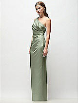 Side View Thumbnail - Sage One-Shoulder Draped Bodice Stretch Satin Column Maxi Dress